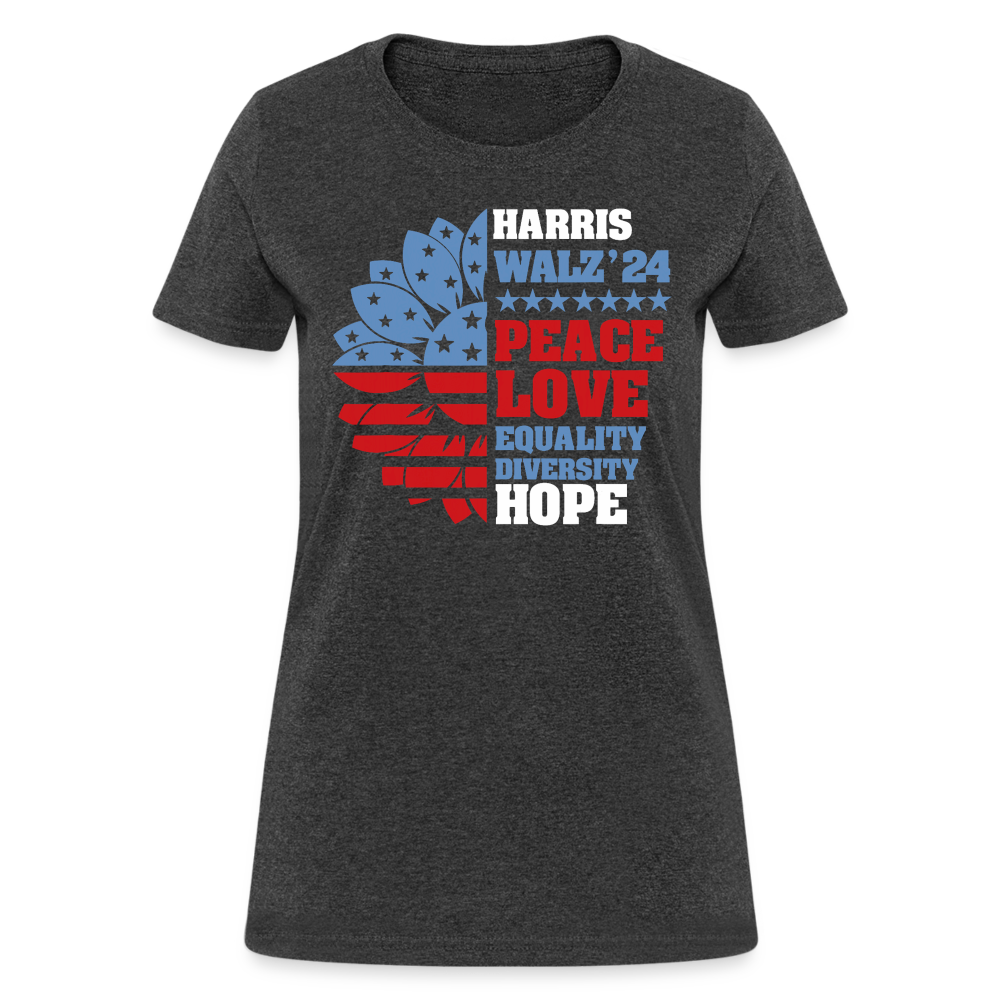 Kamala Harris Tim Walz Shirt 2024 Peace Love Equality Diversity Hope Women's T-Shirt - heather black