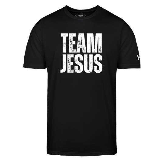 Team Jesus Weathered White Print Authentic Under Armour Men's Athletic 2.0 Christian Workout T-Shirt - black