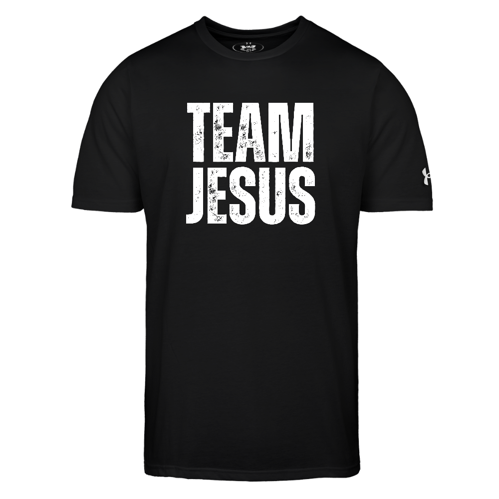 Team Jesus Weathered White Print Authentic Under Armour Men's Athletic 2.0 Christian Workout T-Shirt - black