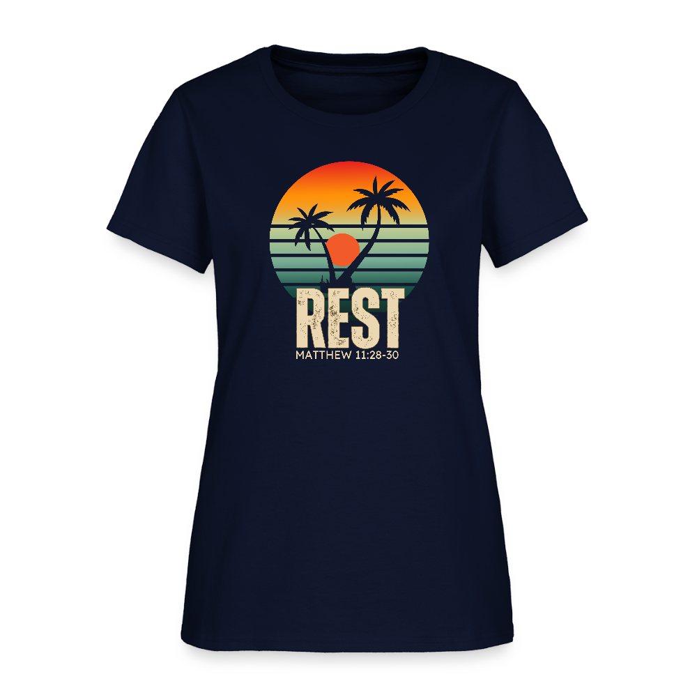 Rest Matthew 11:28-30 Christian Women's T-Shirt - navy