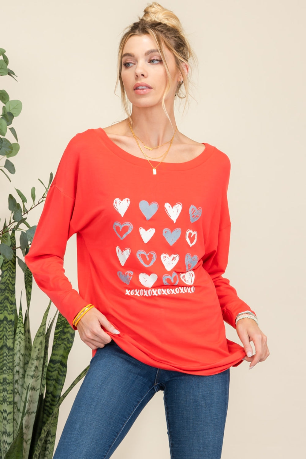 Heart Graphic Red Long Sleeve T-Shirt