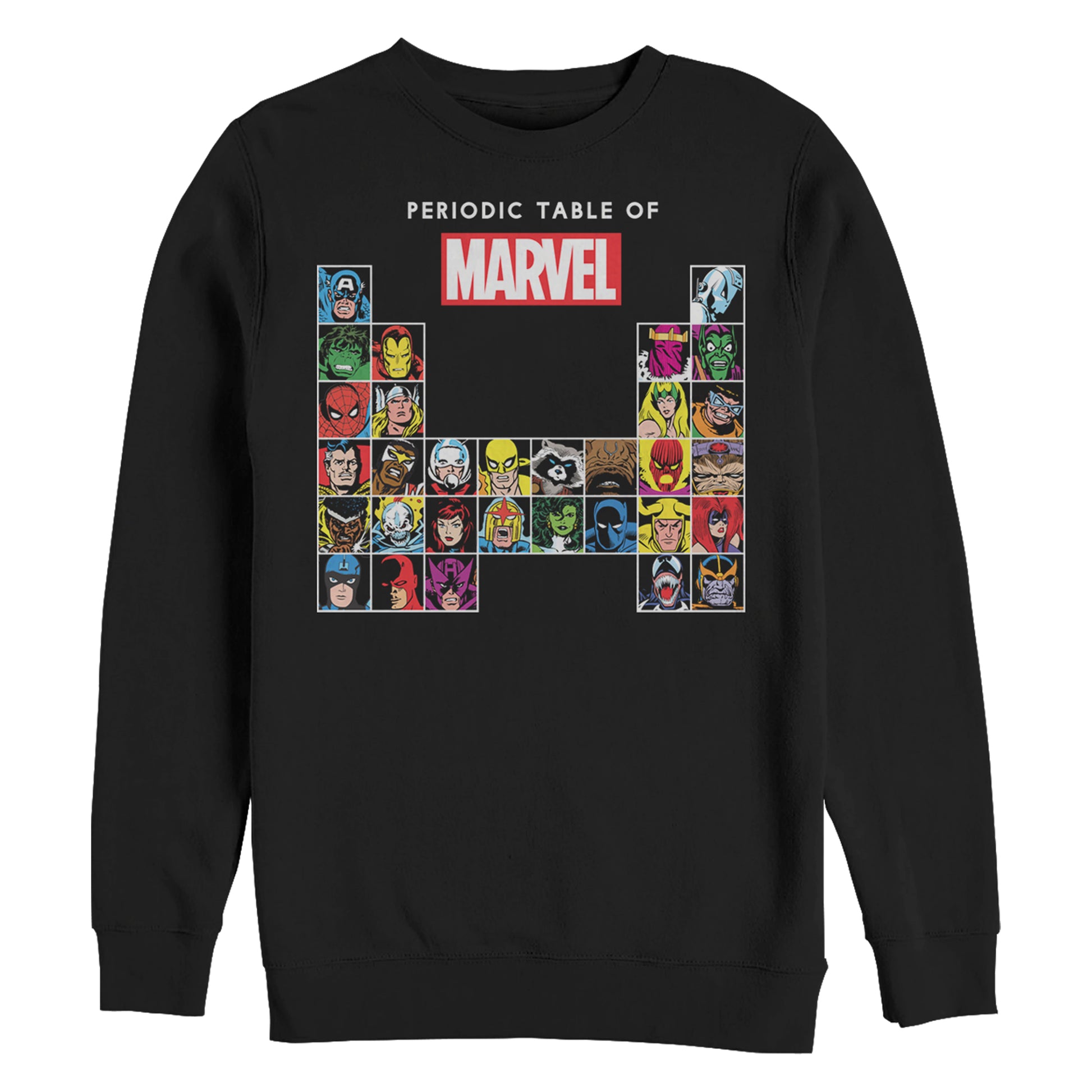 Marvel Superheroes Periodic Table Adult Black Unisex Crewneck Sweatshirt