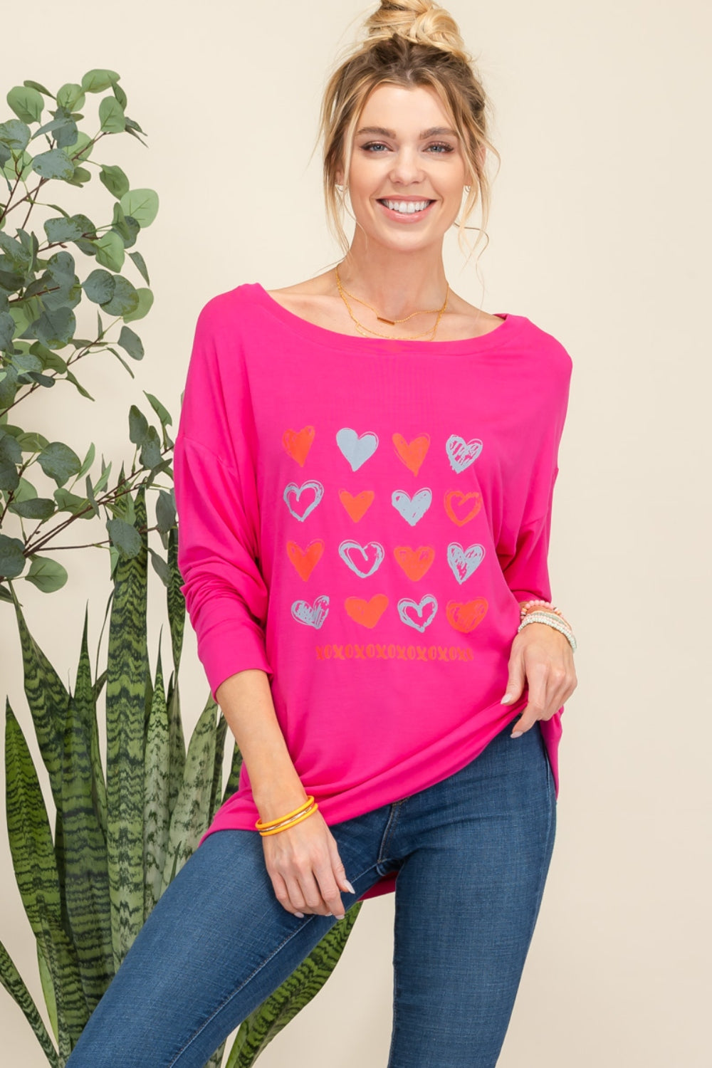 Heart Graphic Pink Long Sleeve T-Shirt