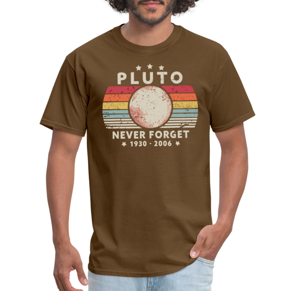 Never Forget Pluto Graphic Tee. Retro Style Funny Space Science Unisex T-Shirt - brown