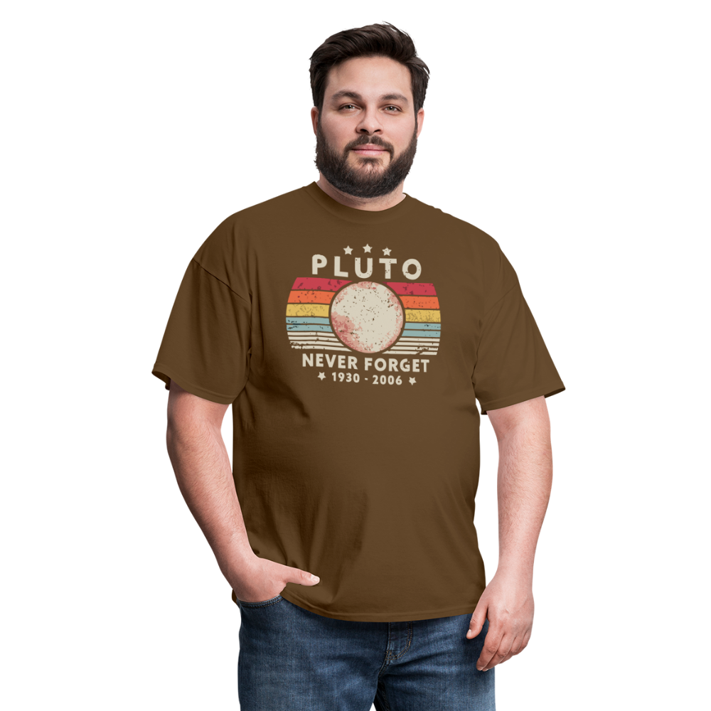 Never Forget Pluto Graphic Tee. Retro Style Funny Space Science Unisex T-Shirt - brown