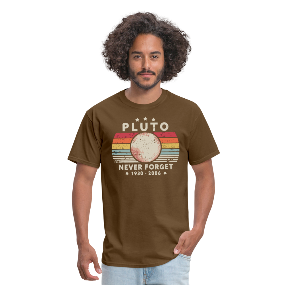 Never Forget Pluto Graphic Tee. Retro Style Funny Space Science Unisex T-Shirt - brown