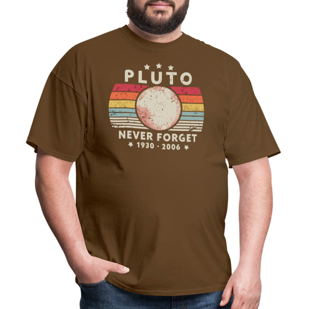 Never Forget Pluto Graphic Tee. Retro Style Funny Space Science Unisex T-Shirt - brown