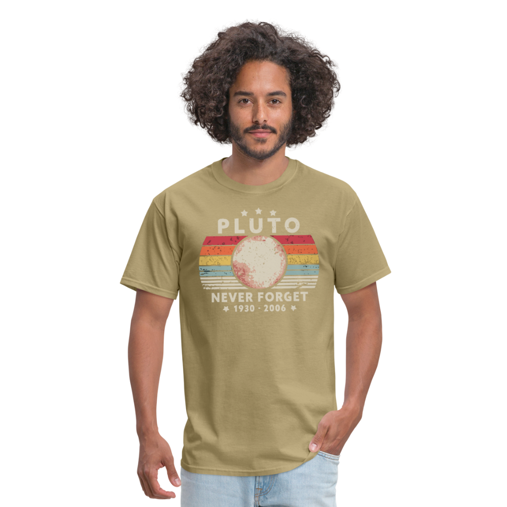 Never Forget Pluto Graphic Tee. Retro Style Funny Space Science Unisex T-Shirt - khaki