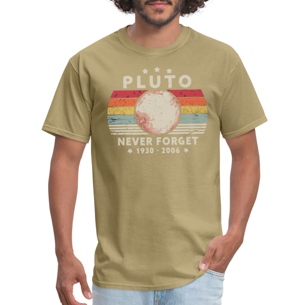 Never Forget Pluto Graphic Tee. Retro Style Funny Space Science Unisex T-Shirt - khaki