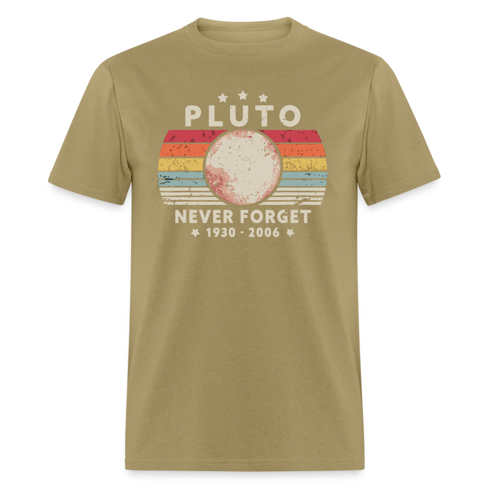 Never Forget Pluto Graphic Tee. Retro Style Funny Space Science Unisex T-Shirt - khaki