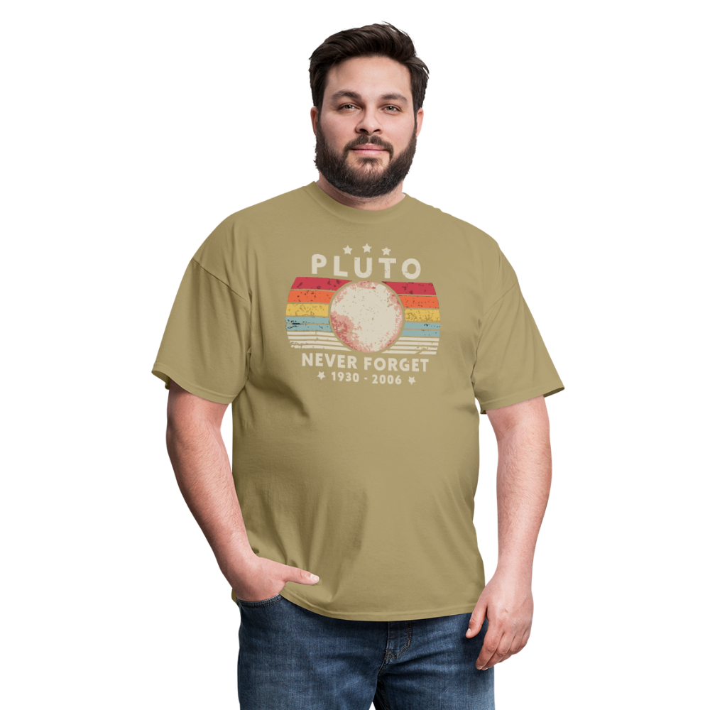 Never Forget Pluto Graphic Tee. Retro Style Funny Space Science Unisex T-Shirt - khaki