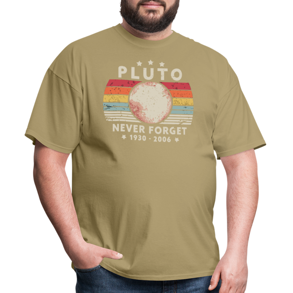 Never Forget Pluto Graphic Tee. Retro Style Funny Space Science Unisex T-Shirt - khaki