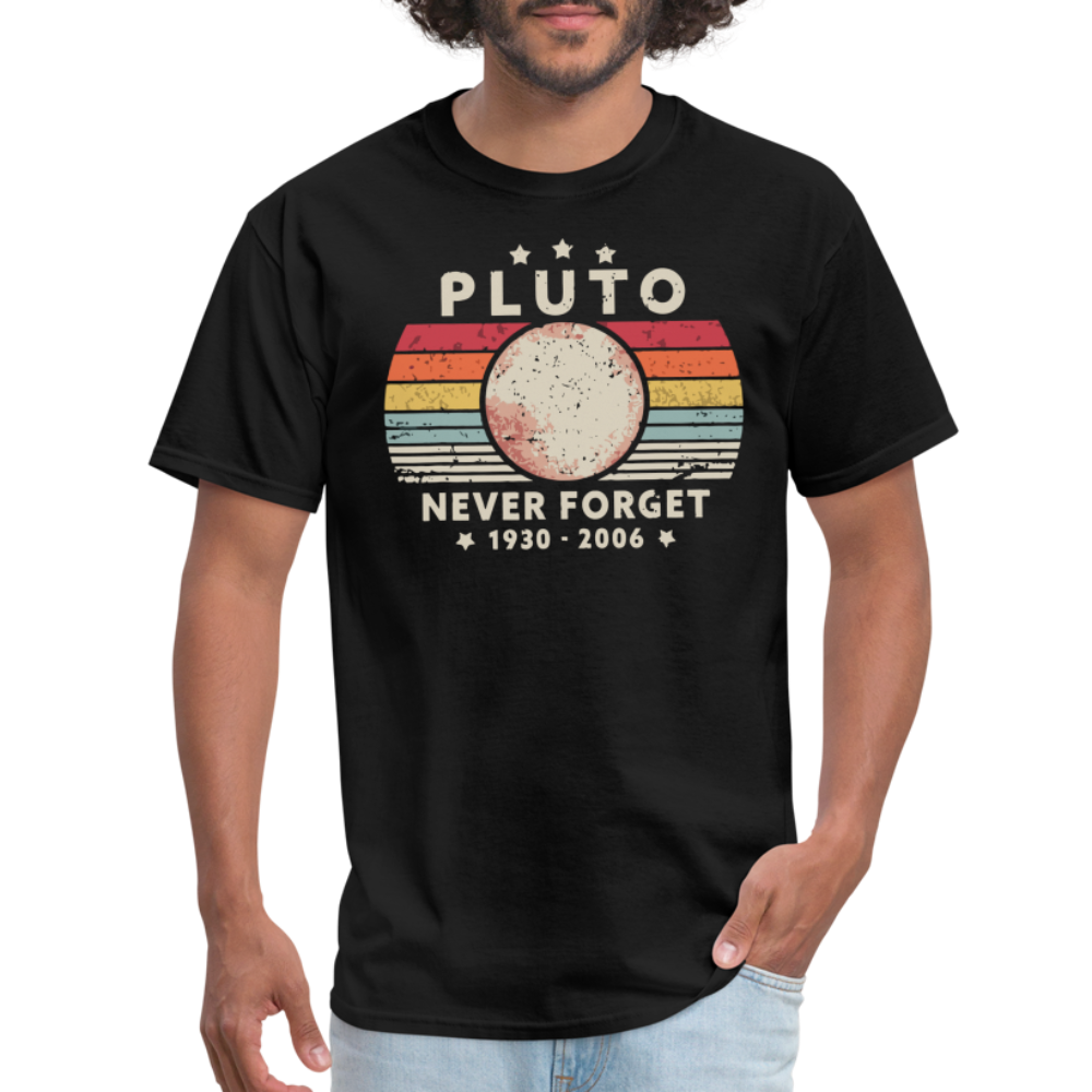 Never Forget Pluto Graphic Tee. Retro Style Funny Space Science Unisex T-Shirt - black