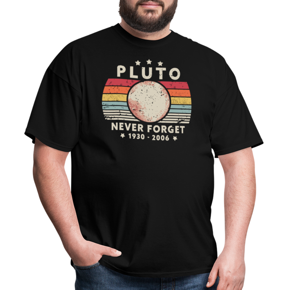 Never Forget Pluto Graphic Tee. Retro Style Funny Space Science Unisex T-Shirt - black