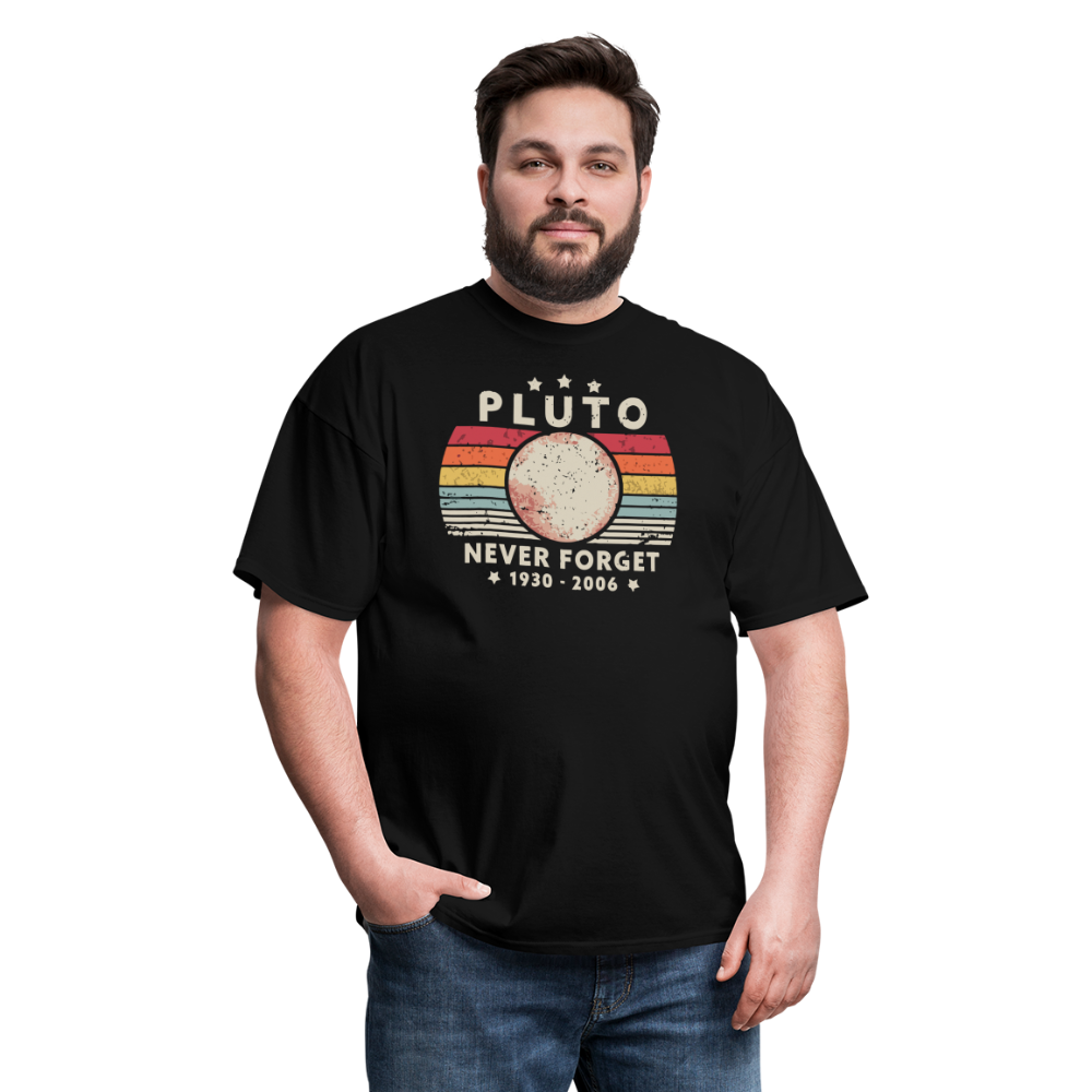 Never Forget Pluto Graphic Tee. Retro Style Funny Space Science Unisex T-Shirt - black