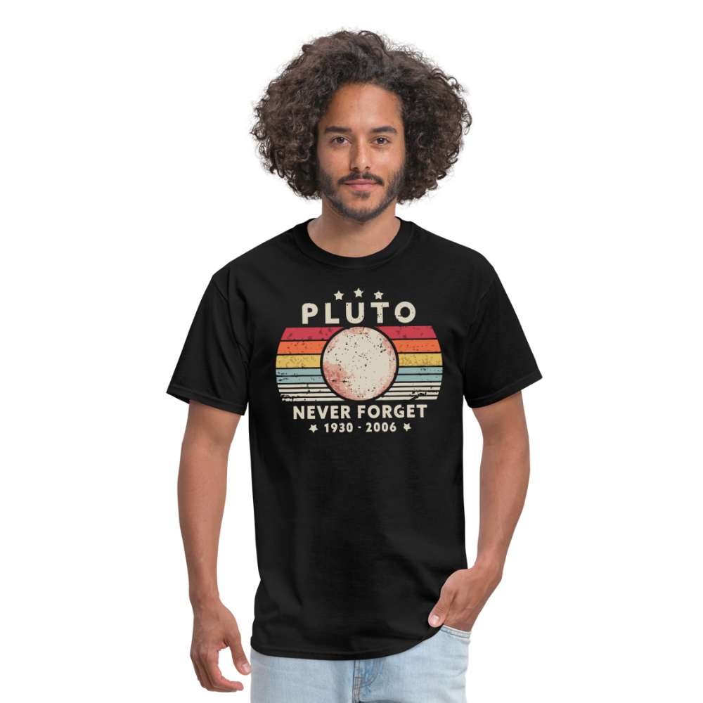 Never Forget Pluto Graphic Tee. Retro Style Funny Space Science Unisex T-Shirt - black