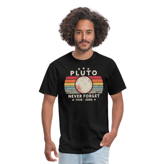 Never Forget Pluto Graphic Tee. Retro Style Funny Space Science Unisex T-Shirt - black