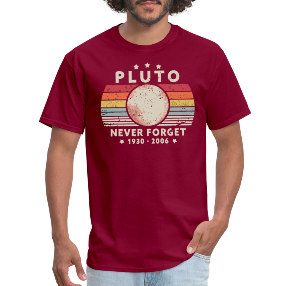 Never Forget Pluto Graphic Tee. Retro Style Funny Space Science Unisex T-Shirt - burgundy