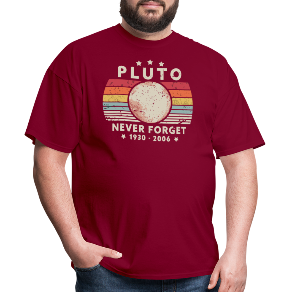 Never Forget Pluto Graphic Tee. Retro Style Funny Space Science Unisex T-Shirt - burgundy