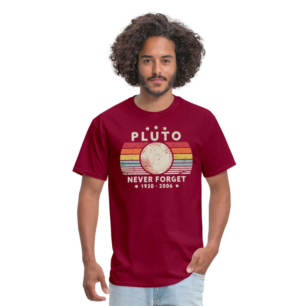 Never Forget Pluto Graphic Tee. Retro Style Funny Space Science Unisex T-Shirt - burgundy