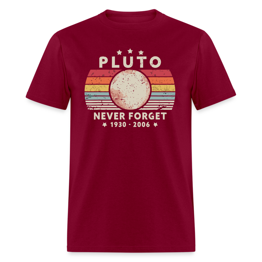 Never Forget Pluto Graphic Tee. Retro Style Funny Space Science Unisex T-Shirt - burgundy