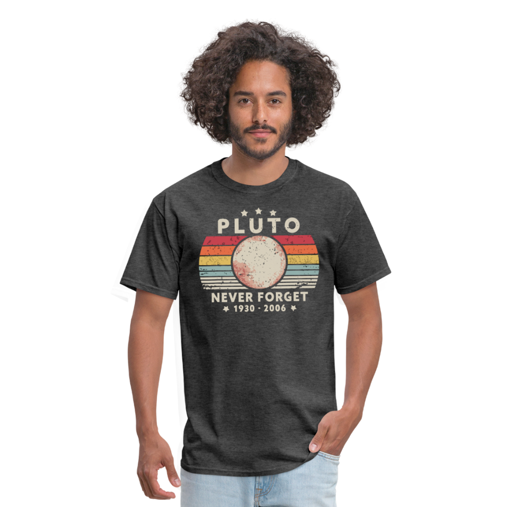 Never Forget Pluto Graphic Tee. Retro Style Funny Space Science Unisex T-Shirt - heather black