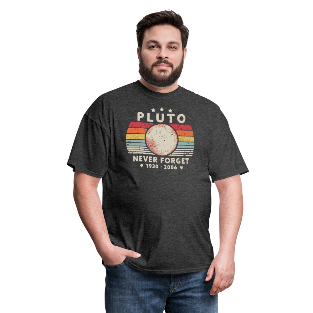 Never Forget Pluto Graphic Tee. Retro Style Funny Space Science Unisex T-Shirt - heather black