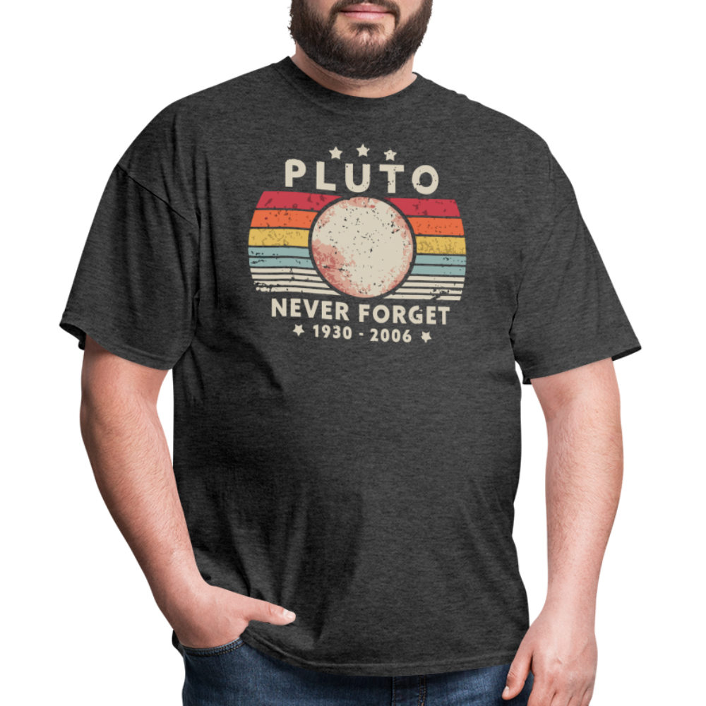 Never Forget Pluto Graphic Tee. Retro Style Funny Space Science Unisex T-Shirt - heather black