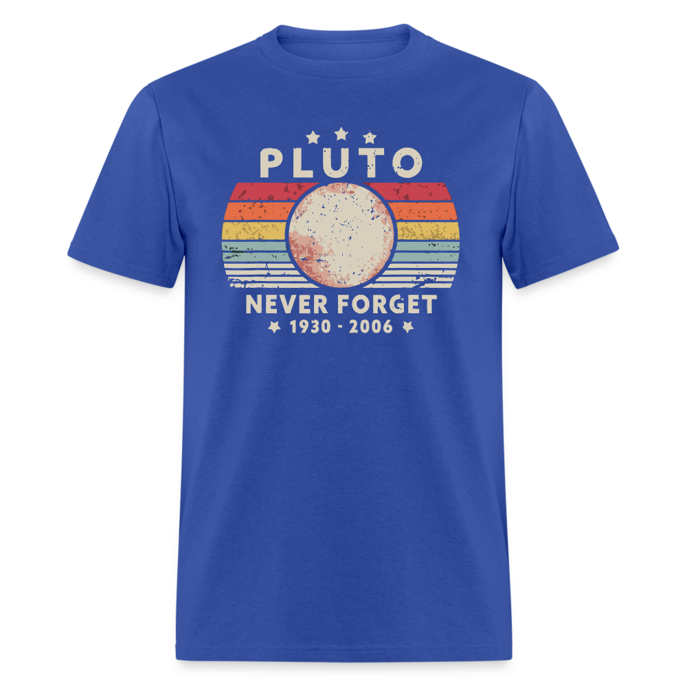 Never Forget Pluto Graphic Tee. Retro Style Funny Space Science Unisex T-Shirt - royal blue
