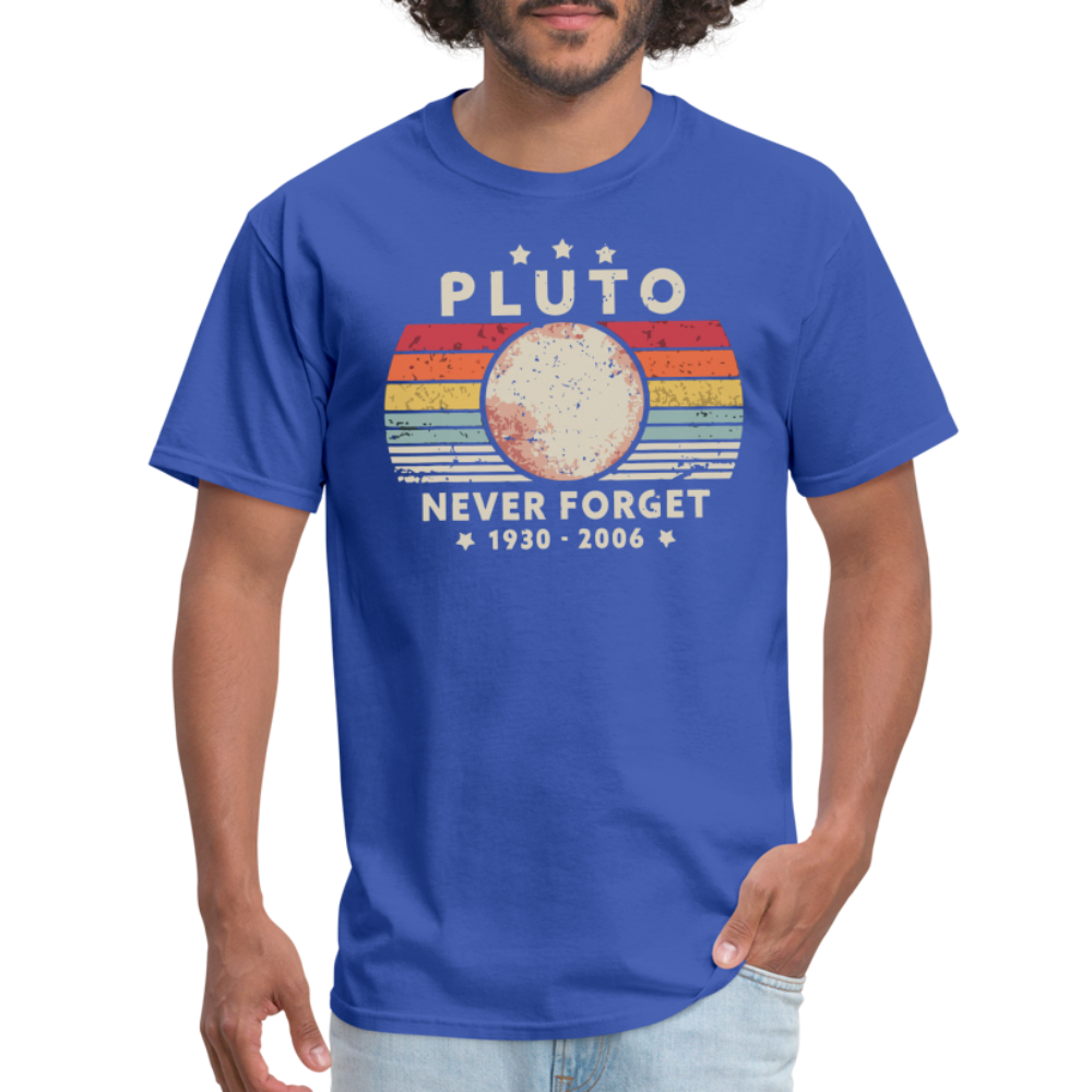 Never Forget Pluto Graphic Tee. Retro Style Funny Space Science Unisex T-Shirt - royal blue