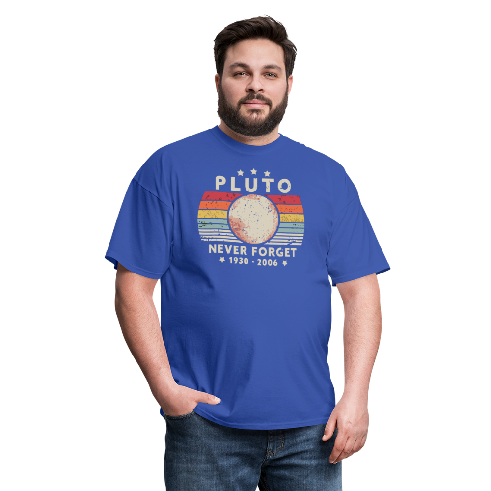 Never Forget Pluto Graphic Tee. Retro Style Funny Space Science Unisex T-Shirt - royal blue