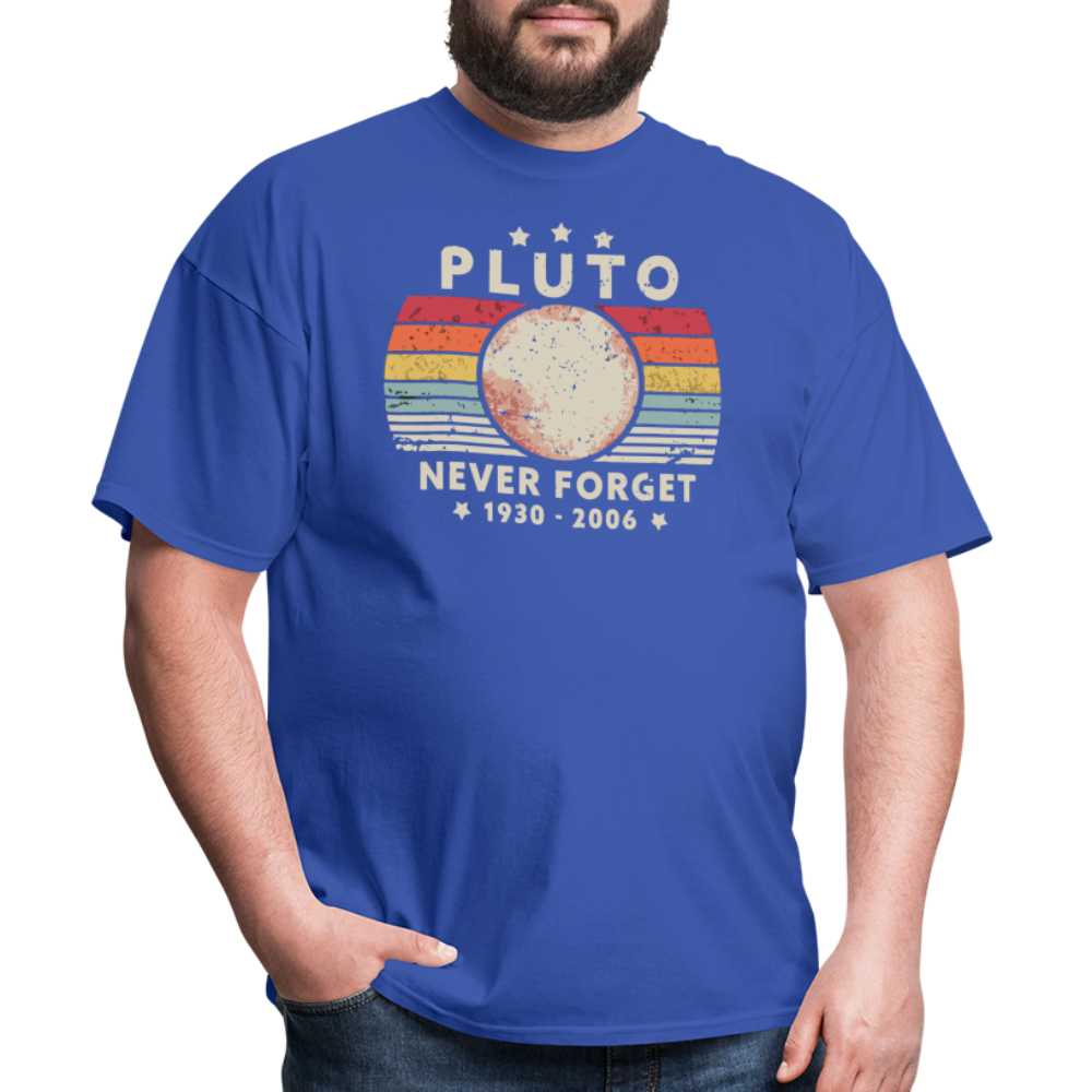 Never Forget Pluto Graphic Tee. Retro Style Funny Space Science Unisex T-Shirt - royal blue