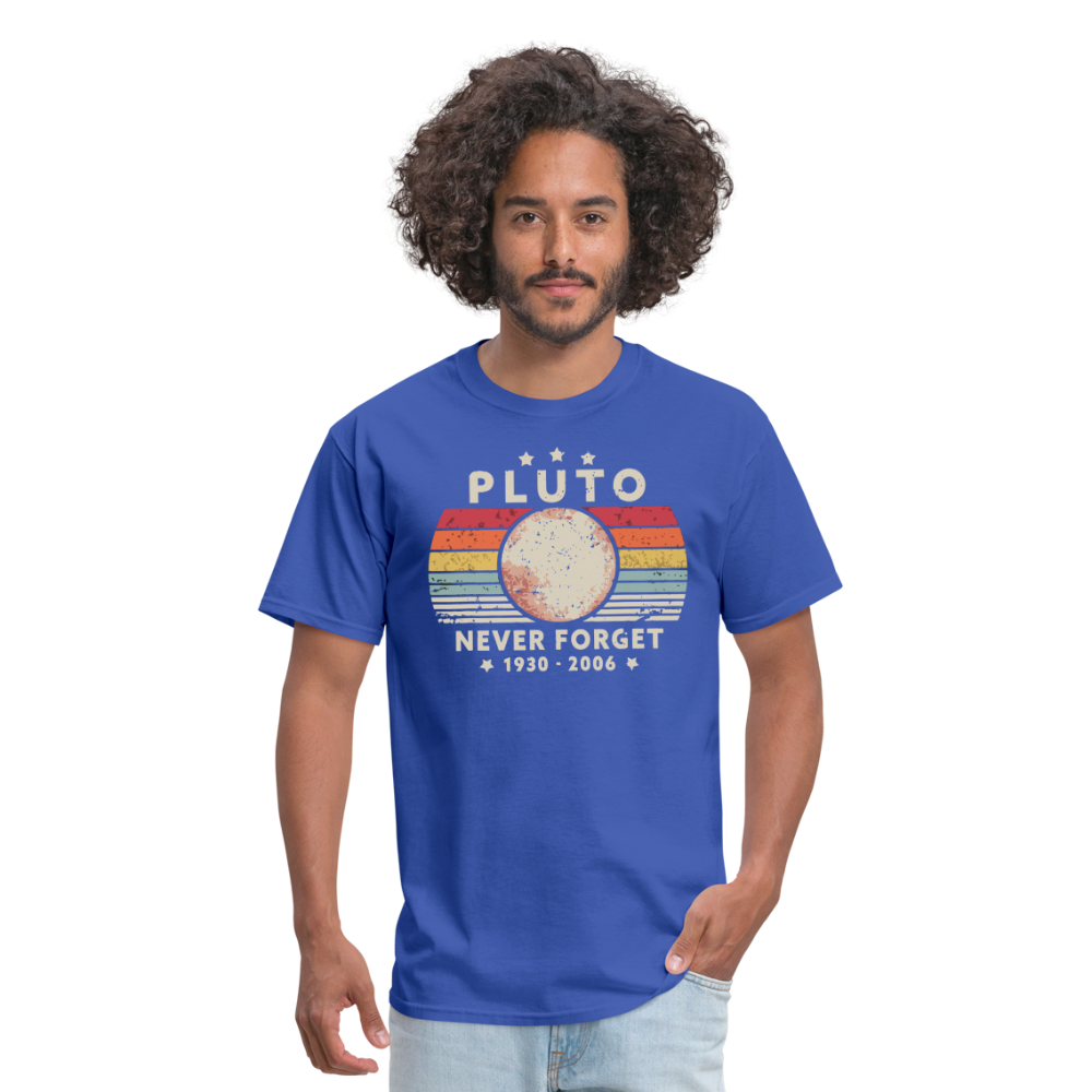Never Forget Pluto Graphic Tee. Retro Style Funny Space Science Unisex T-Shirt - royal blue