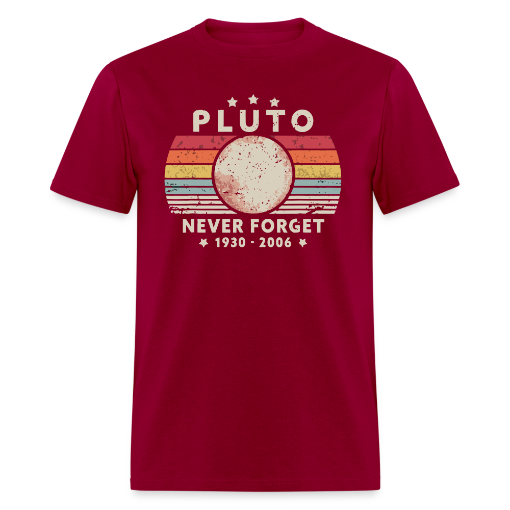 Never Forget Pluto Graphic Tee. Retro Style Funny Space Science Unisex T-Shirt - dark red
