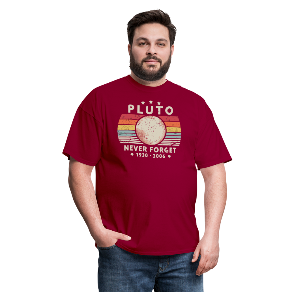 Never Forget Pluto Graphic Tee. Retro Style Funny Space Science Unisex T-Shirt - dark red