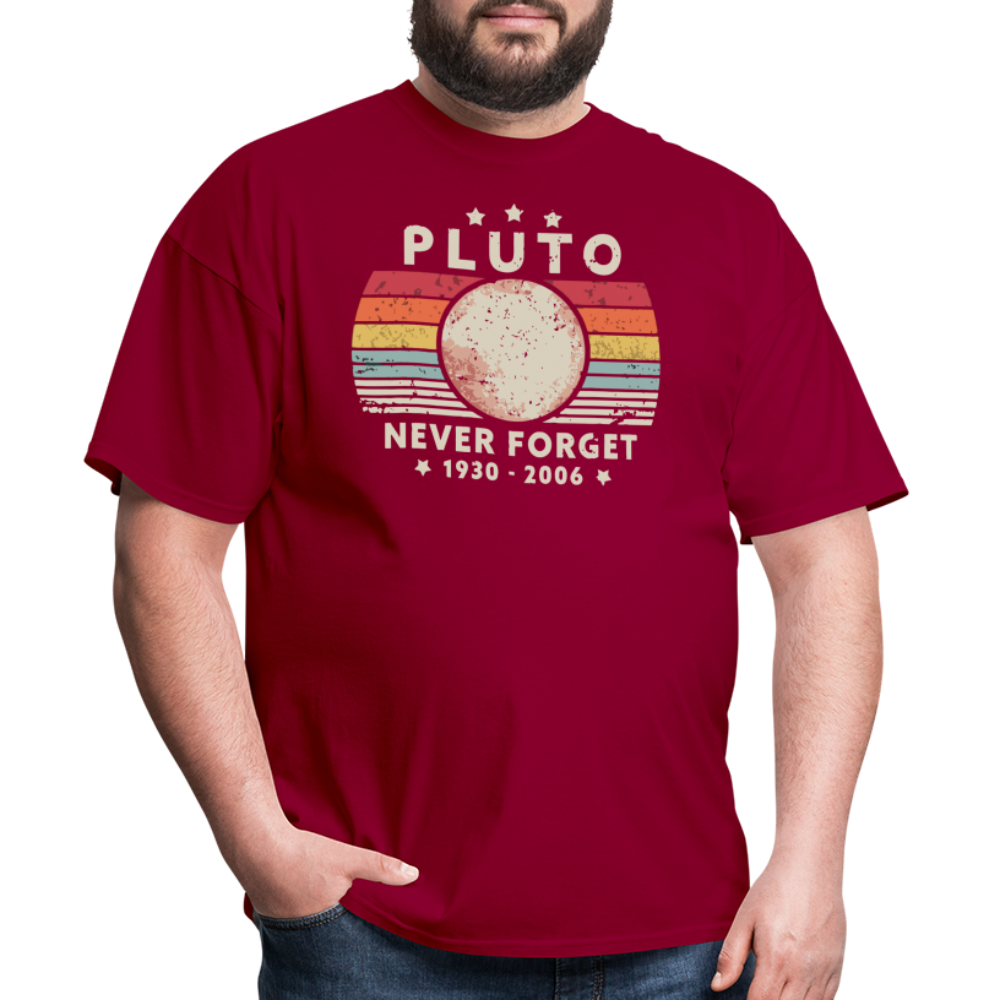 Never Forget Pluto Graphic Tee. Retro Style Funny Space Science Unisex T-Shirt - dark red