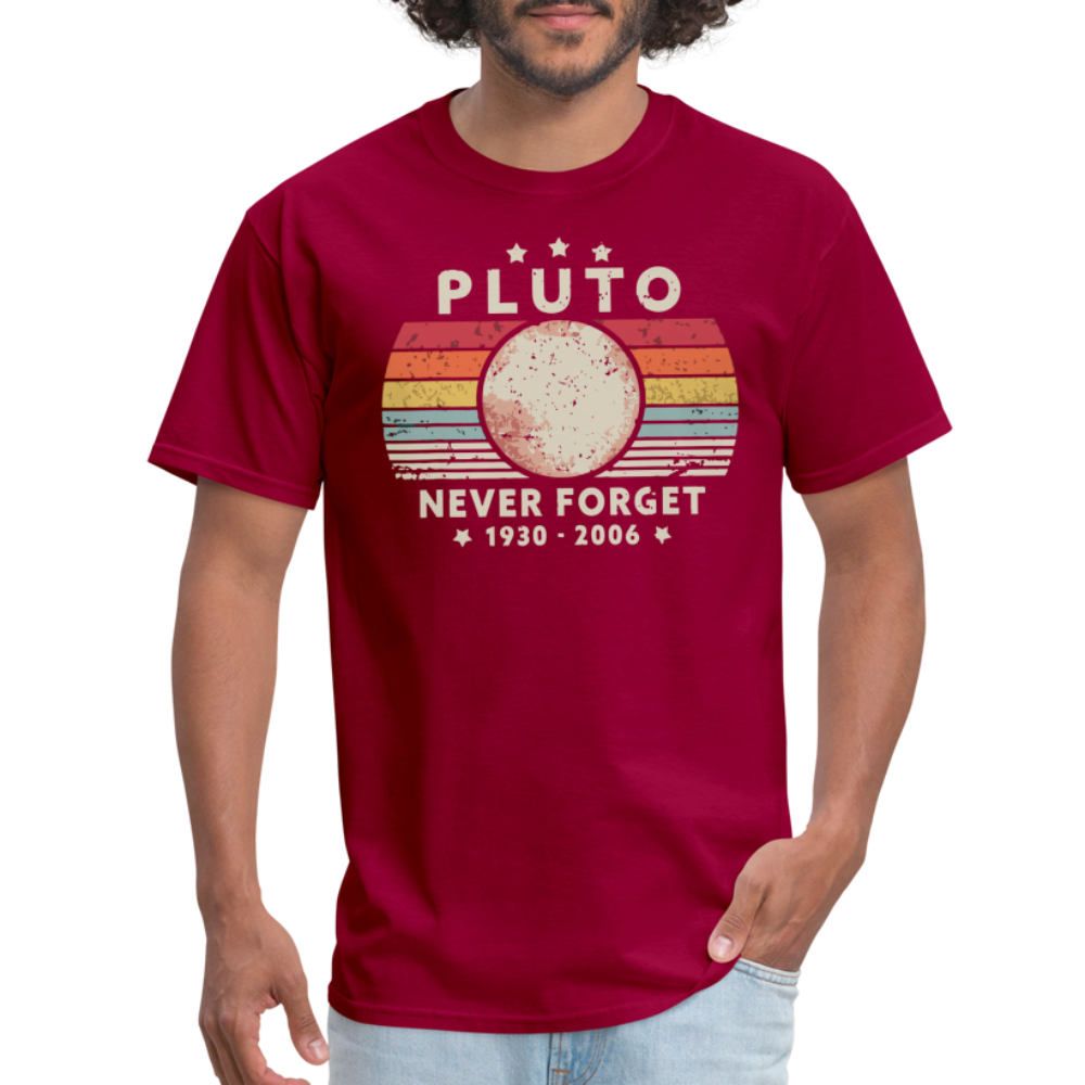 Never Forget Pluto Graphic Tee. Retro Style Funny Space Science Unisex T-Shirt - dark red