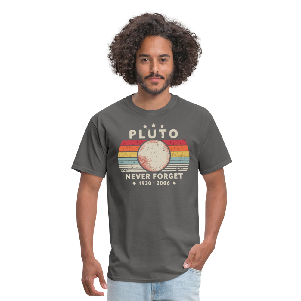 Never Forget Pluto Graphic Tee. Retro Style Funny Space Science Unisex T-Shirt - charcoal