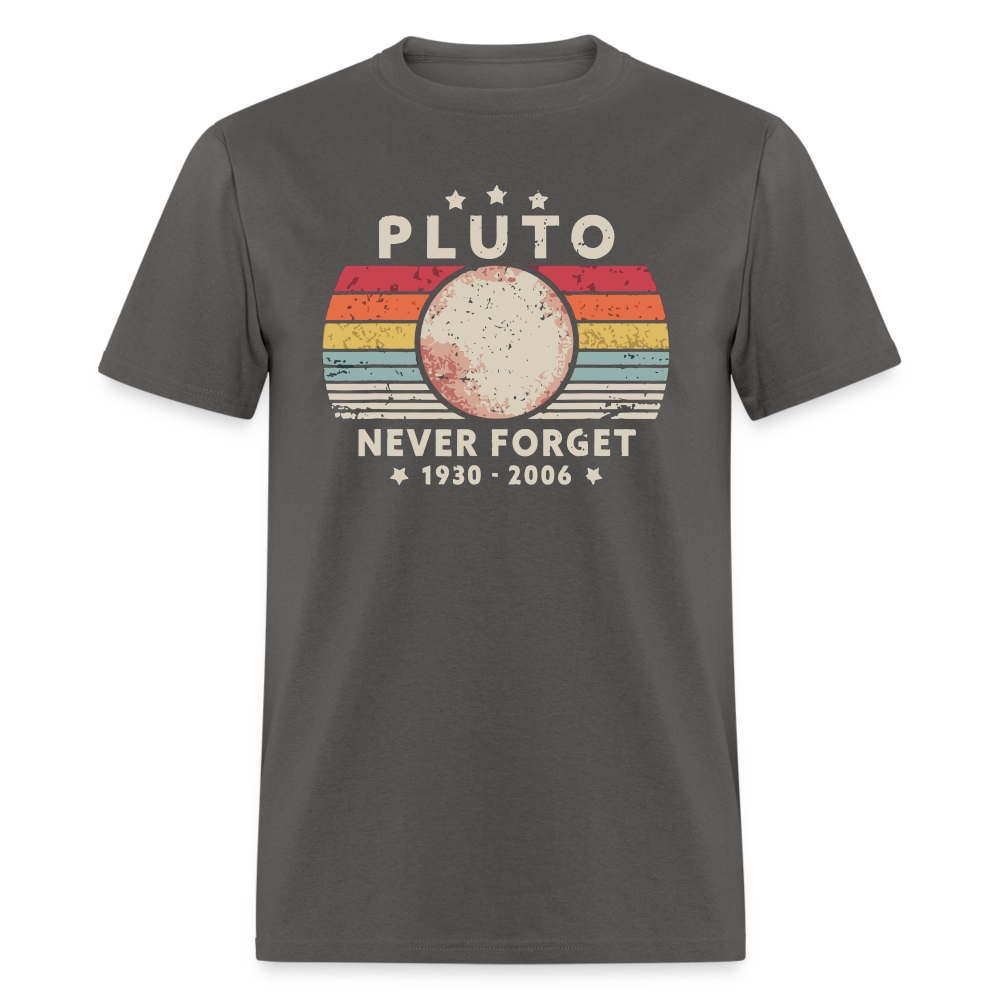 Never Forget Pluto Graphic Tee. Retro Style Funny Space Science Unisex T-Shirt - charcoal