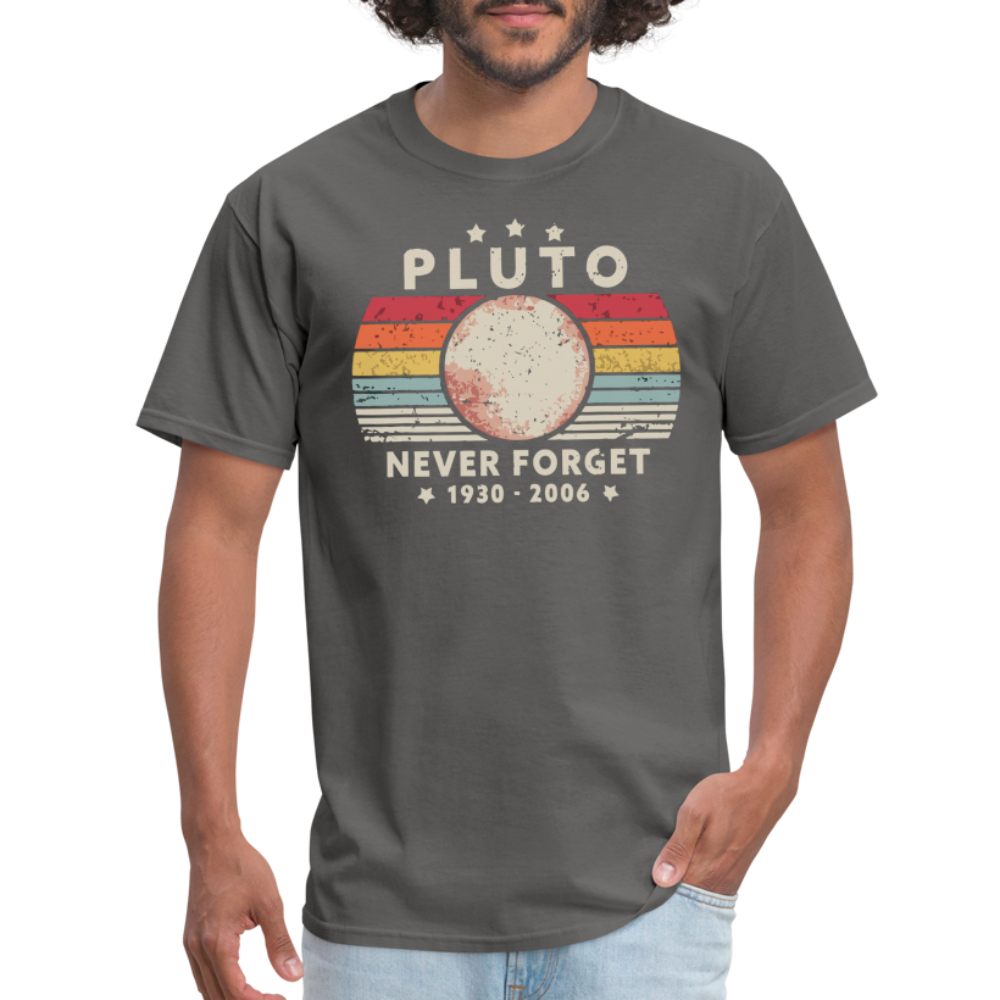 Never Forget Pluto Graphic Tee. Retro Style Funny Space Science Unisex T-Shirt - charcoal