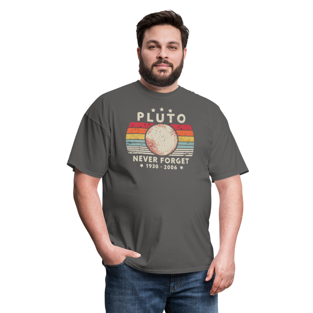 Never Forget Pluto Graphic Tee. Retro Style Funny Space Science Unisex T-Shirt - charcoal