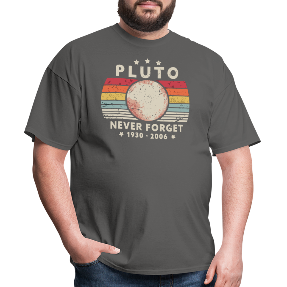 Never Forget Pluto Graphic Tee. Retro Style Funny Space Science Unisex T-Shirt - charcoal