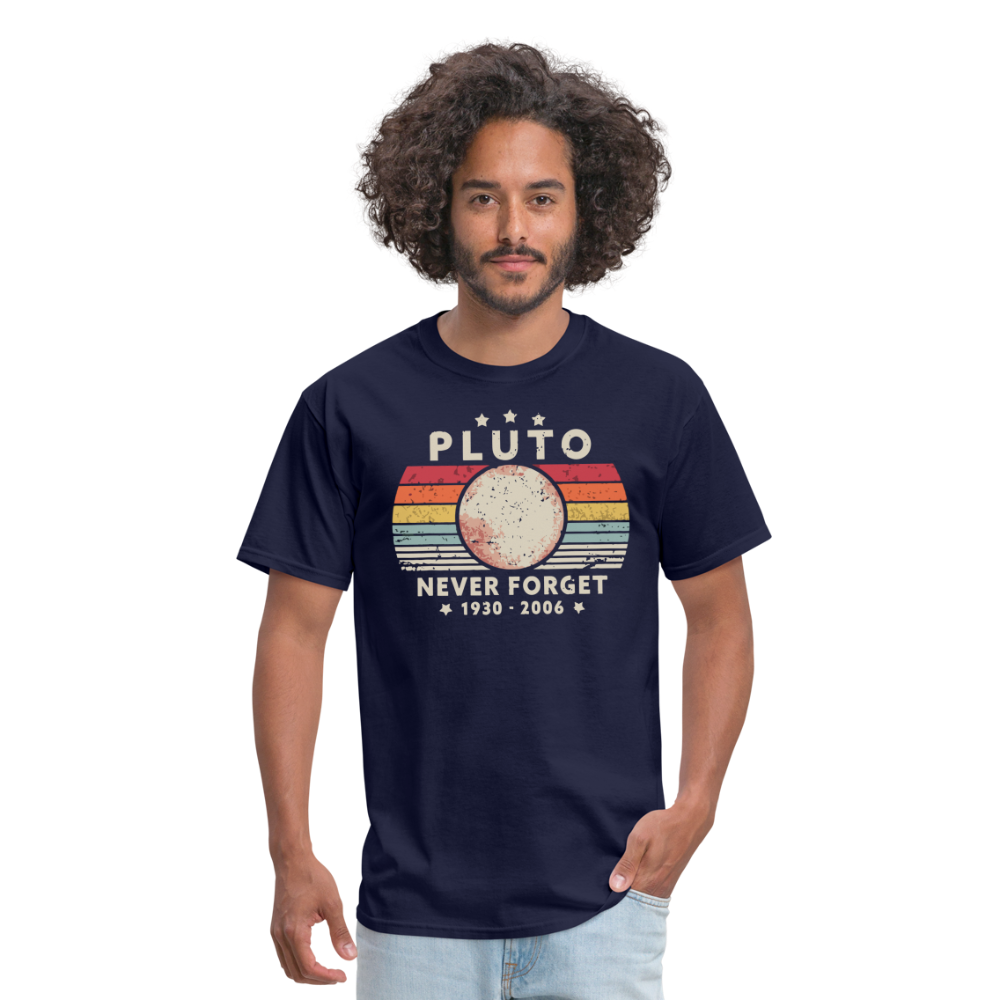 Never Forget Pluto Graphic Tee. Retro Style Funny Space Science Unisex T-Shirt - navy
