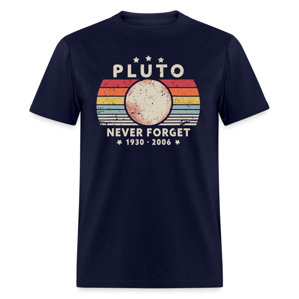 Never Forget Pluto Graphic Tee. Retro Style Funny Space Science Unisex T-Shirt - navy