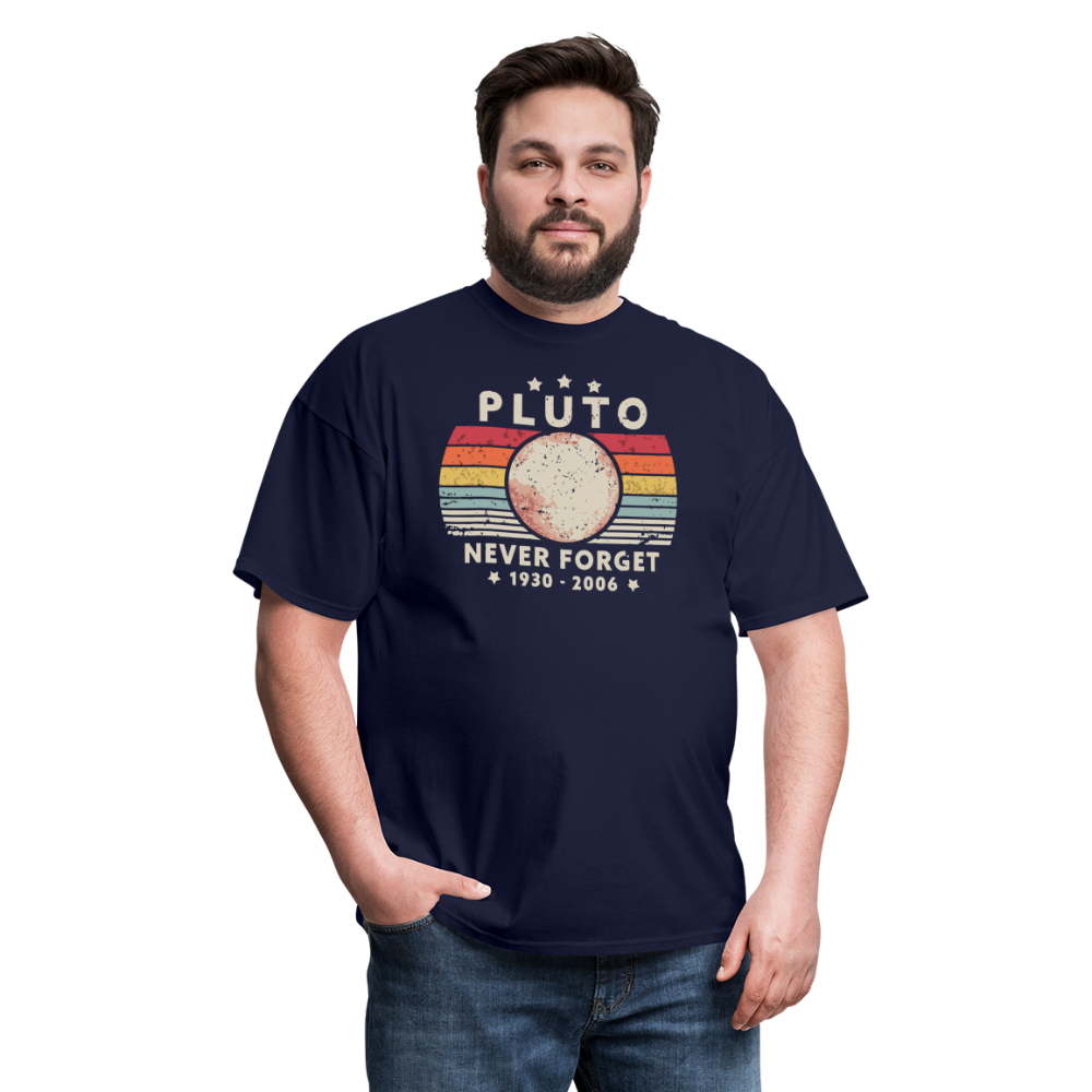 Never Forget Pluto Graphic Tee. Retro Style Funny Space Science Unisex T-Shirt - navy