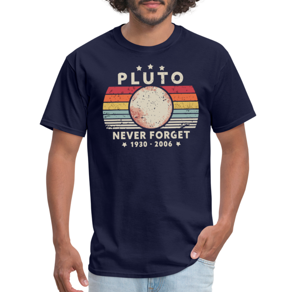 Never Forget Pluto Graphic Tee. Retro Style Funny Space Science Unisex T-Shirt - navy