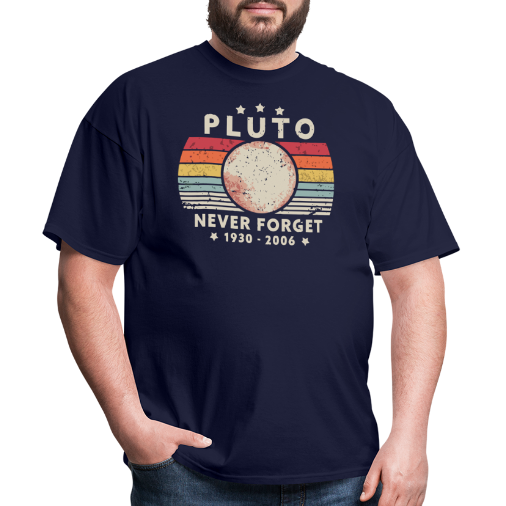 Never Forget Pluto Graphic Tee. Retro Style Funny Space Science Unisex T-Shirt - navy