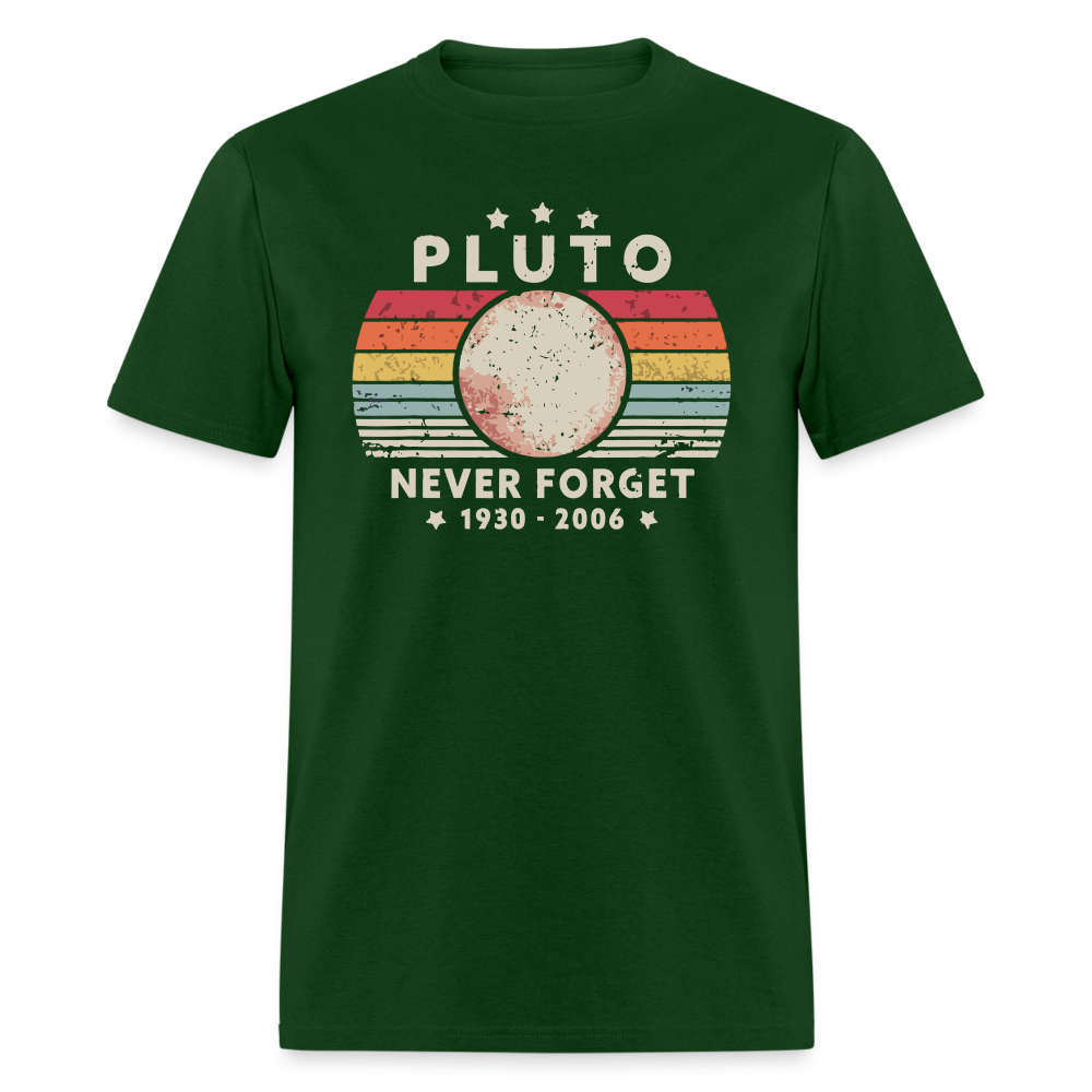 Never Forget Pluto Graphic Tee. Retro Style Funny Space Science Unisex T-Shirt - forest green