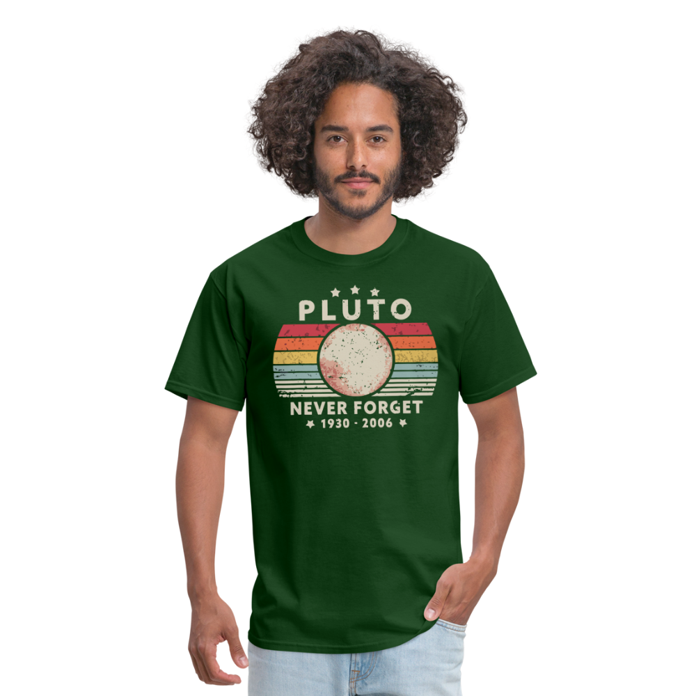Never Forget Pluto Graphic Tee. Retro Style Funny Space Science Unisex T-Shirt - forest green