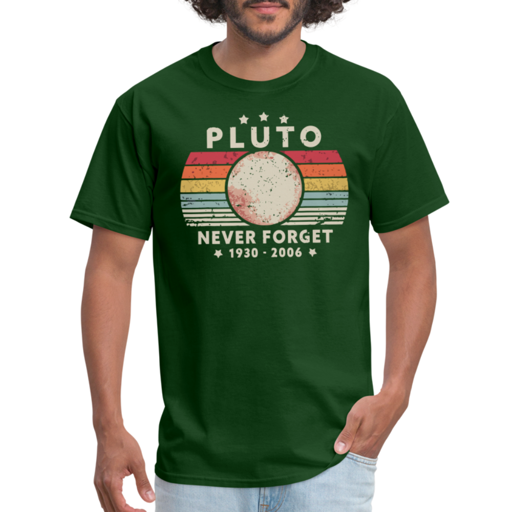 Never Forget Pluto Graphic Tee. Retro Style Funny Space Science Unisex T-Shirt - forest green